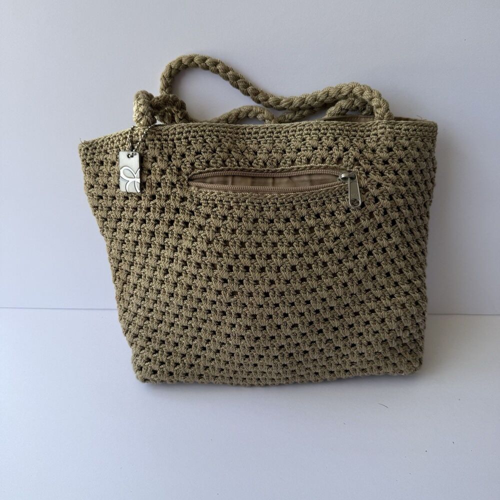 Lina Crochet Tan Beige Purse Tote Shoulder Bag Outside Pocket